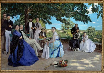 Rodinné setkání: portrét francouzské měšťanské rodiny shromážděné v zahradě. Zleva doprava: Jean Frederic Bazille, jeho strýc Monsieur des Hours, jeho matka a otec, jeho sestřenice Pauline a její manžel Monsieur Teulon, jeho teta Madame des Hours a