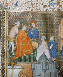 Historik Froissart na kolenou, oděný v kněžském rouchu, předkládá Eduardu III. svou Kroniku stoleté války ...