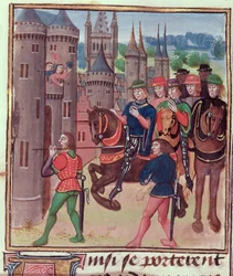 Roy 18 E II f.390 Henry Bolingbroke (Henry IV) vstupuje do Londýna, popraven za Edwarda IV., ze svazku IV (pokrývá období 1389-1400), Jehan Froissart, kolem 1460-80
