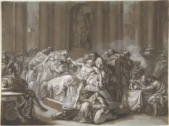 The Death of Seneca (pero a černý inkoust, štětec a hnědé mytí, zvýrazněné bílým kvašem na modrém papíře)