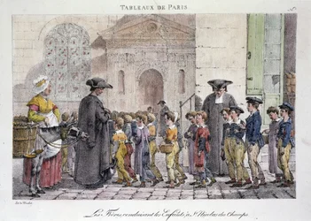 Bývalý pouliční obchod v Paříži: bratři vozí děti do Saint Nicolas des Champs (Saint-Nicolas-des-Champs), katolická škola - rytina Jeana Henryho Marleta (1771-1847) v sérii „“Les Tableaux de Paris“ 72 tisků, konec 19. stol