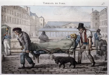 Bývalý pouliční metier v Paříži: nebohý pacient vede do nemocnice na nosítkách. Rytina Jeana Henryho Marleta (1771-1847) v „“Les Tableaux de Paris“, série 72 tisků, konec 19. století.
