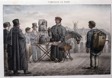 Bývalý pouliční metier v Paříži: obchodník se smrtí krys (kamelot). Rytina Jeana Henryho Marleta (1771-1847) v „“Les Tableaux de Paris“, série 72 tisků, konec 19. století.