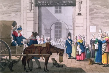 Le Bureau des Nourrices v Paříži, kolem roku 1820 (barevná rytina)