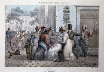 Stará pouliční scéna v Paříži: nehoda (žena podporovaná kolemjdoucími). Rytina Jeana Henryho Marleta (1771-1847) v „“Les Tableaux de Paris“, série 72 tisků, konec 19. století.