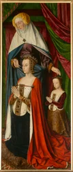 Anne de Beaujeu a její dcera Suzanne, se Sainte Anne, detail. Triptych mistra z Moulins