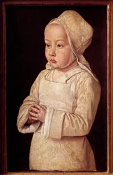 Portrét Suzanne de Bourbon (1491-1521) s názvem Dítě v modlitbě, dcera Anny Francouzské a Pierra II. Bourbonského Malba mistra z Moulins nebo Jean Hey (1450-1505) 1495-1500 Sun. 0,27x0,16 m