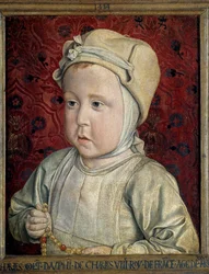 Portrét delfína Karla Orlanta (1492-1495) syna Karla VIII. (1470-1498) a Anny Bretaňské Malba Jean Hey (1450-1505) nazývaná mistrem Moulins 1494. Sun. 0,28x0,23 m Paříž. Musee du Louvre - Portrét dauphina Charlese Orlanta (14