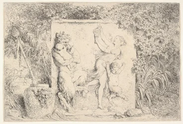 Basreliéf zobrazující satyra vlevo držícího dvě nemluvňata, další dětský satyr vpravo..., 1763.