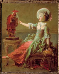 Mladá dívka se baví s čínskou sochou, která ji tahá za vlasy. Obraz Jean Honore Fragonard (1732-1806) 18. století Soukromá sbírka