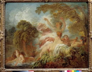 Koupající se ženy. Skupina nahých mladých žen při koupání. Obraz Jeana Honoré Fragonarda (1732-1806), 18. století. Slunce. 0,64 x 0,8 m