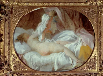 Erotika: „Svléknutá košile“. Mladá žena si s pomocí Kupida svléká košili. Před rokem 1778. 0,35 x 0,42 m.