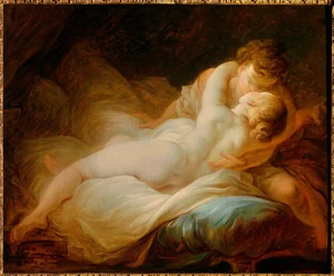 Erotika: „Okamžik touhy“ nebo „Šťastní milenci“. Pár líbající se v posteli. Obraz Jeana Honoré Fragonarda (1732-1806), 18. století. Soukromá sbírka