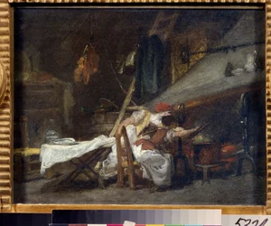 ""Pres du poele"" (U sporáku) Scéna v kuchyni, poblíž sporáku, kuchaři sledují vaření pokrmu v hrnci. Obraz Jean Honore Fragonard (1732-1806). Olej na plátně. Rokoko. Puškinovo muzeum, Moskva
