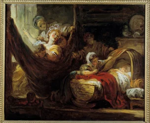 Kolébka Matka na houpací síti obklopená svými dcerami a kojencem v košíku. Obraz Jean Honore Fragonard (1732-1806) 18. století Amiens, Musee de Picardie