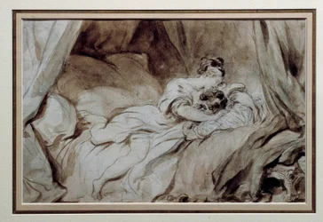 Šťastný okamžik Pár se navzájem hladí v posteli. Kresba v Bistre Wash od Jean Honore Fragonard (1732-1806) Soukromá sbírka z 18. století