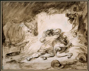 Stáj A pár se objímá na kupce sena. Kresba v praní od Jean Honore Fragonard (1732-1806) Paris. Muzeum Cognacq Jay