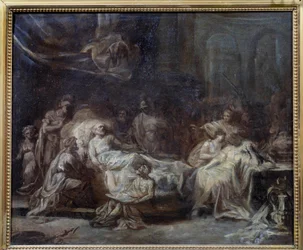 Závěť Rodina se znovu sešla kolem starého muže s agónií diktující jeho vůli. Přípravná kresba Jean Baptiste Fragonard (1732-1806) Remeš 18. století, Musee des Beaux Arts
