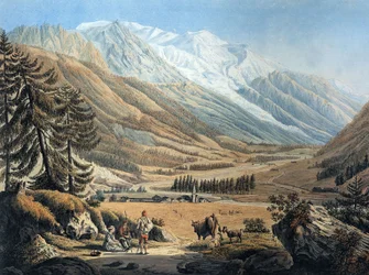 pohled na údolí Chamonix z vesnice Argentiere od Jeana Daniela Hubera během cesty kolem roku 1785 (rytina)