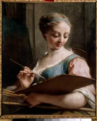 Alegorie obrazu Mladá žena držící paletu. Obraz Jean Restout (1692-1768) 18. století Sun. 0,54x0,45 m Saint Quentin, Musee Lecuyer