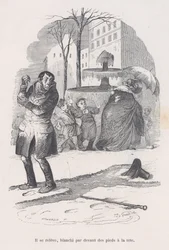 Vstává, od hlavy až k patě pokrytý sněhem. z Malé bídy lidského života, 1843.