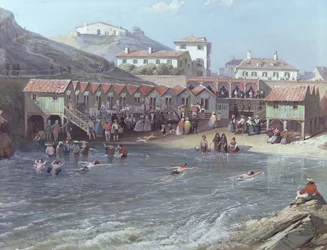 Začátek plavání na moři ve starém přístavu Biarritz, 1858 detail olej na plátně z roku 175215