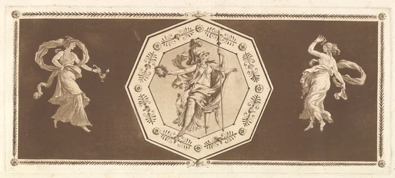 Minerva sedící v ozdobném osmiúhelníku, s postavou nalevo a napravo Noc..., 1784.