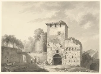 Krajina s lidmi uprostřed ruin