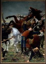 Francouzská revoluce: „Smrt Josepha Bary (1779-1793)“. Joseph Bara neboli Barra (1780-1793) byl dětským hrdinou Francouzské revoluce, který bojoval ve Vendée za republiku. Obraz Jeana Josepha Weertse (1849-1927), 1883. Olej. 3,50 x 2,50 m. Paříž, Musée