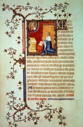 Vévoda Jan I. z Berry (1340-1416) se modlí před Bohem, který mu žehná. Miniatura z rukopisu (Ms. lat. 18014) „Malé hodinky Jana z Berry“, iluminovaného Jeanem le Noirem, kolem roku 1375. Paříž, B.N.