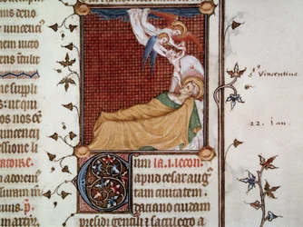 Smrt svatého Vincence ze Zaragozy v roce 304 Miniatura převzatá z „Breviarium Parisiense“ (Breviaire de Paris) známého jako Breviaire de Charles V ilustrovaná Jeanem Le Noirem (man. lat. 1052, fol. 326)