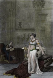 Egyptská královna Kleopatra VII. Thea Philopator (69-30 př. n. l.) a Julius Caesar (100-44 př. n. l.) - Kleopatra před Juliem Caesarem ve Shakespearově hře Antonius a Kleopatra, podle obrazu Jeana Léona Gérôma