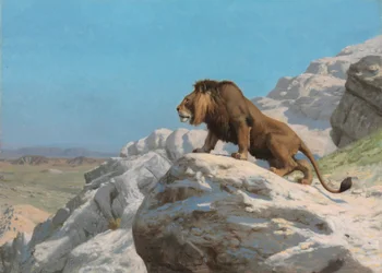 Lev na stráži, asi 1885 (olej na dřevěné desce)