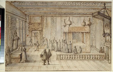 Ložnice krále Ludvíka XIV. (1638-1715) ve Versailles. Komnata krále Ludvíka XIV ve Versailles. Kresba Jean Le Pautre (1618-1682)