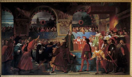 Král Ludvík XII. prohlásil dne 14. května 1506 generálnímu státu Tours otcem lidu. Tento titul mu byl udělen proto, že snížil velikost, daň placenou prostými občany. Obraz Jean Louis Bezard (1799-1861)