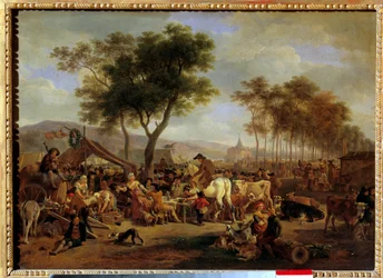 Jarmark u vchodu do vesnice Scéna jídla a obchodu na vesnickém jarmarku. Obraz Jean-Louis Demarne (1744-1829) Sun. 036x0,5m