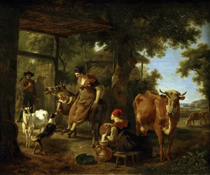 Na farmě. Scéna z venkovského života par Demarne, Jean-Louis (Jean Louis de Marne ou de Marnette) (asi 1752-1829). Olej na plátně, druhá polovina 18. stol., Státní muzeum umění A. Radishcheva, Saratov