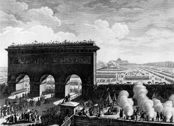 Francouzská revoluce: Svátek federace 14. července 1790 na Champs de Mars v Paříži. Rytina Berthaut po Prior. Paříž, knihovna Ústavu dějin revoluce