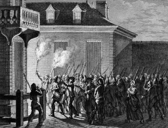 Francouzská revoluce: Pařížská stráž lidu v noci z 12. na 13. července 1789. Rytina Berthaut po Priorovi. Paříž, knihovna Ústavu dějin revoluce