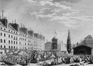 Francouzská revoluce: Vyhlášení ústavy (Konstituční monarchie: Oddělení moci a instituce konstituční monarchie) Place du Marche des Innocents v Paříži 14. září