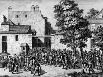 Francouzská revoluce: Francouzské gardy zachraňují svého plukovníka monsieur du Chatelet z populárního vzrušení 12. července
