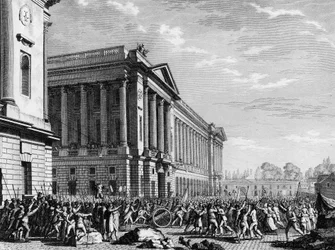 Francouzská revoluce: rabování zbraní u stráže nábytku (nebo skladiště nábytku nyní hotelu de la Marine) dne 13. července 1789, Place de la Concorde, Paříž: dav, znepokojený obklíčením hlavního města cizími pluky, se zmocnil zbraní z t