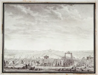 Francouzská revoluce: “” Les troupes du Champ-de-Mars odjíždějící na Place Louis XV: 12. července 1789”” Kresba tuší a lazurou Jean-Louis Prieur (1759-1795) 18. století. Rozměr 0,17x0,23m. Paříž, muzeum Carnavalet