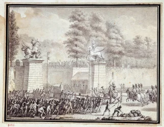 Francouzská revoluce: „“ Monsieur de Lambesc vstoupil do Tuileries s oddělením od královského německého pluku dne 12. července 1789““ Kresba tuší a lazurou Jean-Louis Prieur (1759-1795)