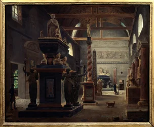 Úvodní síň Musee des Monuments Francais v klášteře Petites Augustins rue Bonaparte v Paříži Obraz Jeana Lubina Vauzelleho (1776-afr 1837) 1812 ne. 0,6x0,75 m Paříž, Musee Carnavalet.