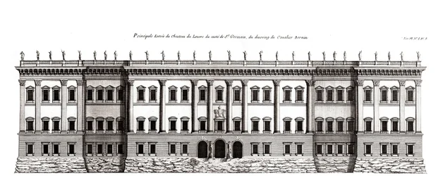 Louvre v Paříži, projekt Giana Lorenza Berniniho: nárys hlavního průčelí směrem k Saint-Germain l