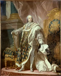 Portrét na nohou Ludvíka XV (1710-1774) v posvátném kostýmu, krále Francie. Obraz Jeana Martiala Fredoua (1710-1774) podle Louise Michela van Loa (1707-1771) 1761 Dim. 2,77x1,95 m - Celovečerní portrét Ludvíka XV. (1710-1774), krále Francie, v coronati