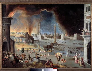 Dobytí Tróje - Scéna z trojské války, město je zpustošeno Řeky, kteří do něj pronikli díky koni. Obraz Jeana Maublanca (1582-1628). 17. století. Besançon, Muzeum krásných umění - Pád Tróje - Scéna z trojské války