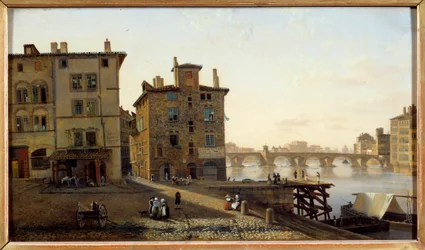 Pohled na starou rybářskou čtvrť v Lyonu Obraz Jean Michel Grobon (1770-1853) 19. století Sun. 0,29x0,5 m Lyon, Musee des Beaux Arts