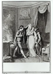 „Sundej ten závoj,“ řekla stařena Candidovi, ilustrace ke kapitole 7 díla „Candide“ od Françoise Voltaira (1694-1778), 1787